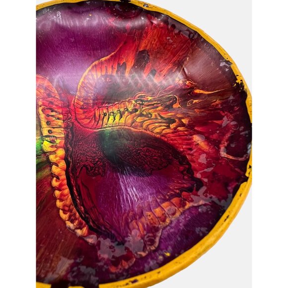 Vintage Foil Art Trinket Dish Bowl Abstact Snake Design Red & Yellow 4.5" Across - Picture 5 of 5